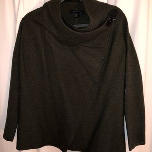 Tahari wrap sweater with leather buckle detail